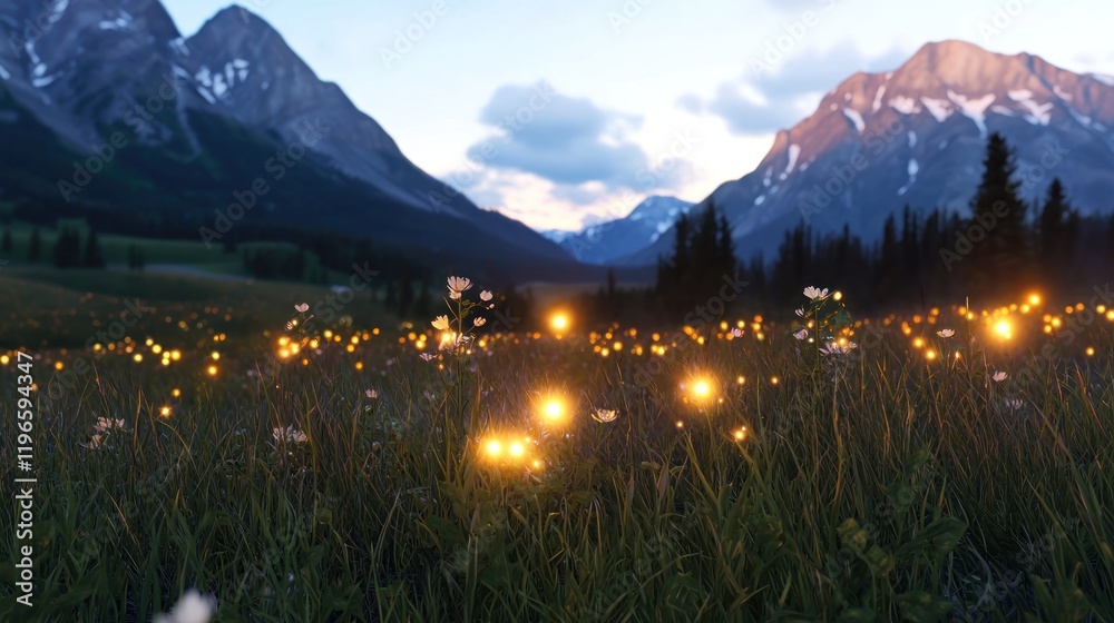 Serene mountain landscape with blooming flowers at sunset.