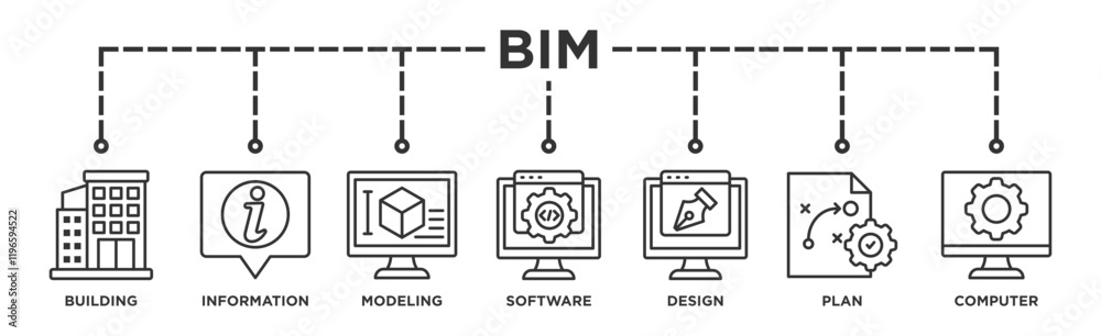 BIM banner web icon vector illustration concept for building information modeling with icon of building, information, modeling, software, design, plan, and computer BIM banner web icon vector illustration concept for building information modeling with icon of building, information, modeling, software, design, plan, and computer
