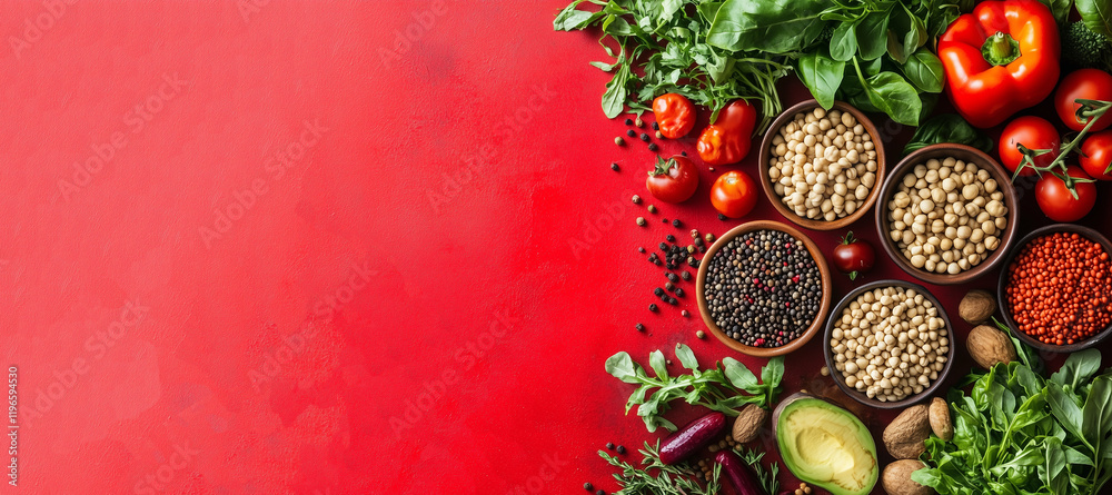 Fresh vegetables and legumes arranged on vibrant red background, showcasing variety of colors and textures, perfect for healthy eating and vegan cuisine