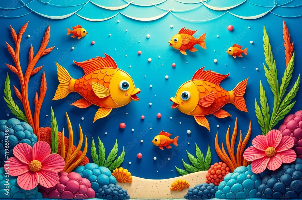 Fototapeta premium An applique artwork depicting a vibrant underwater scene with colorful fish. creativity hobby and handicrafts, diy, background for design. creativity hobby and handicrafts, diy, background for design.