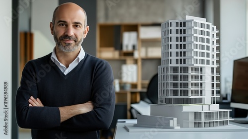 Architect showcasing building model in modern office photo