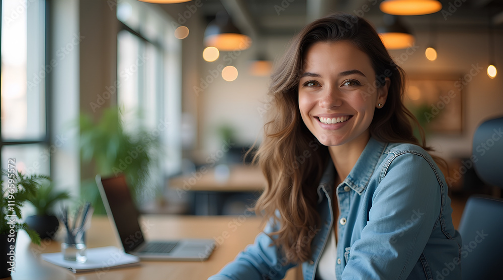 Obraz premium Photo of beautiful happy woman looking at camera while sitting at office