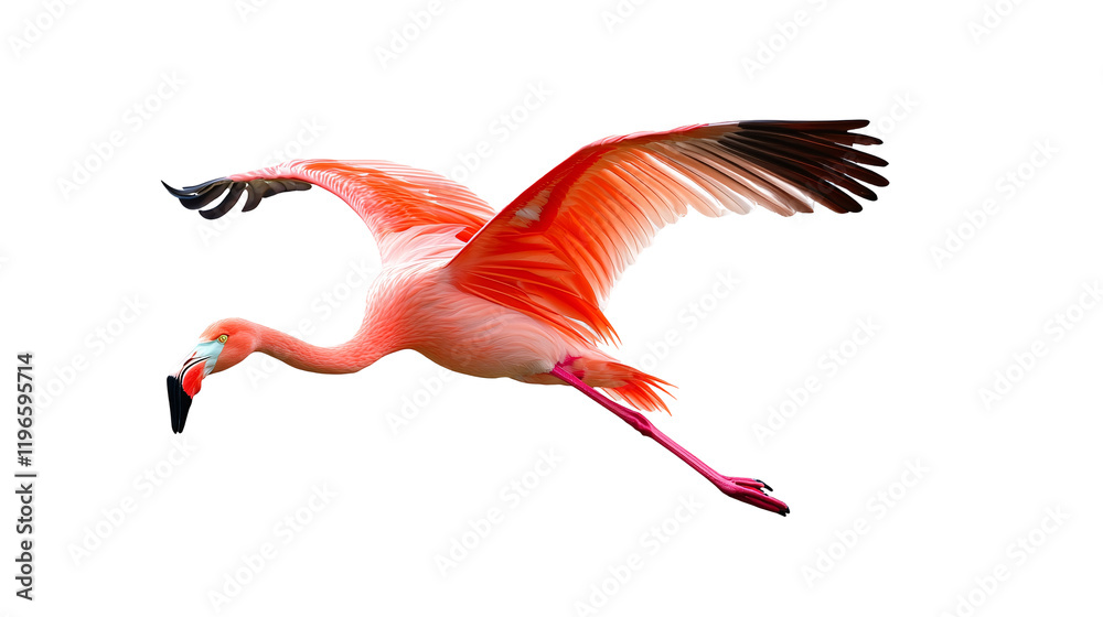 Fototapeta premium Flying pink flamingo isolated on transparent background.