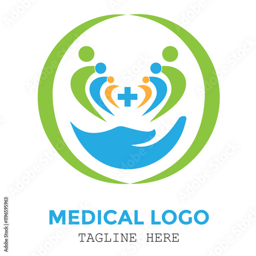 Family members modern medical care with healthy happiness logo design