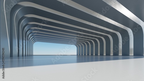 3d render of abstract modern architecture with empty cement floor, minimal exterior, car presentation background
