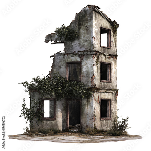 Old abandoned ruined brick building isolated on transparent background.