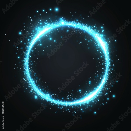 Glowing blue circular light frame with sparkles on black background.