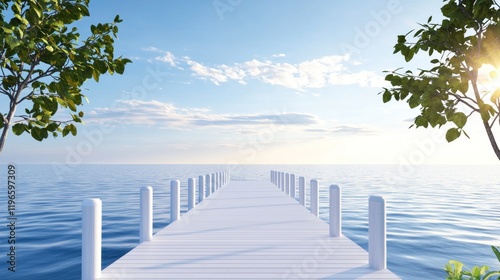 Serene pier extending into calm waters under a bright sky.