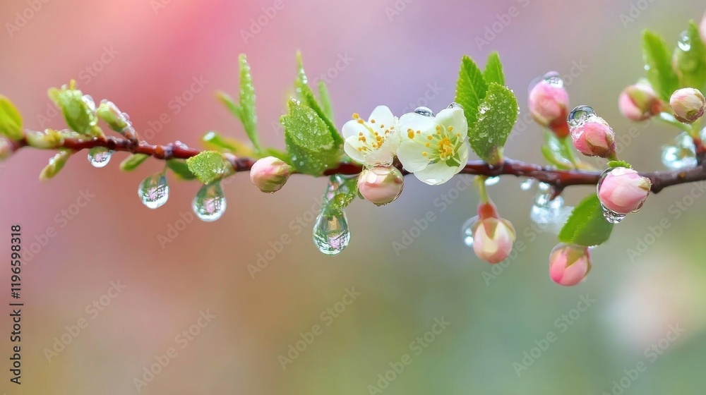 Dew drops on blooming branch with soft background.