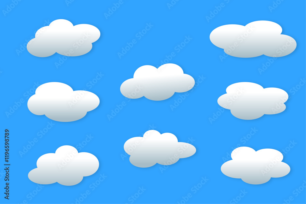 set of vector clouds of rainy weather with a grayish gradient on a light blue background set of vector clouds of rainy weather with a grayish gradient on a light blue background