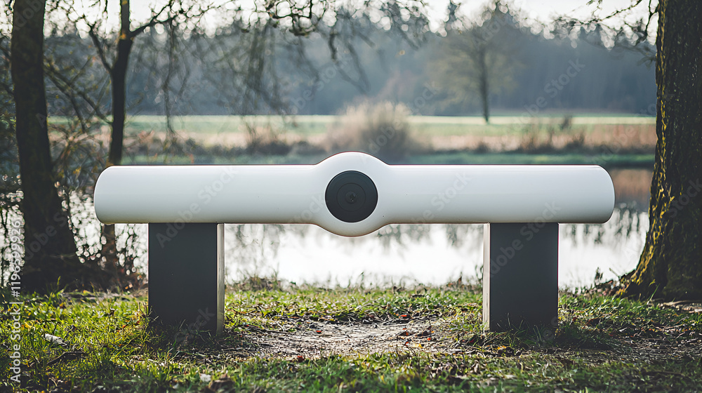 Modern park bench, lake background, nature, outdoor seating, relaxation