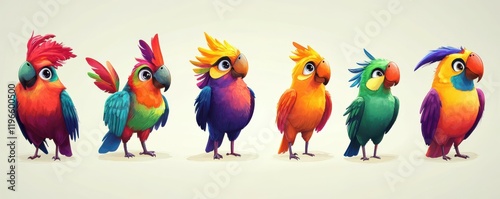 Cute Illustrated Birds: Collection of cute illustrated birds, different species, vibrant colors, cartoon style, whimsical and playful theme
