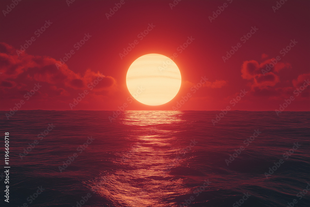 Hyper-realistic red sunset over the sea with a large glowing sun centered in the frame, casting warm orange and red hues across the sky and water, creating a cinematic and serene atmosphere Hyper-realistic red sunset over the sea with a large glowing sun centered in the frame, casting warm orange and red hues across the sky and water, creating a cinematic and serene atmosphere