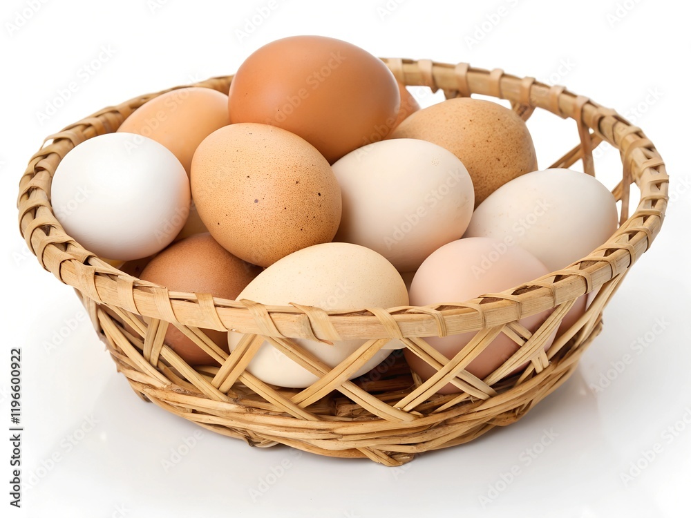 Front view of brown chicken eggs in stack in wicker basket is isolated on white background Front view of brown chicken eggs in stack in wicker basket is isolated on white background