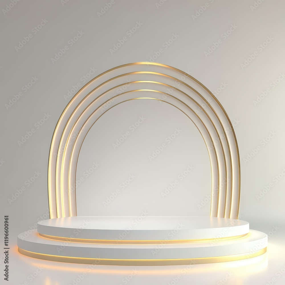 Fototapeta premium Abstract waveshaped gold podium with smooth reflective textures, dynamic depth, and soft light gradients