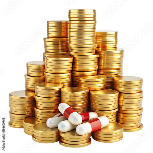 Golden Coins Stack Wealth Medicine Pills Luxury Finance red rich cure pile money drugs     photo