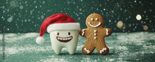 cute tooth wearing a Santa hat standing beside a gingerbread man solid dark green felt background with snowy accents whimsical holiday themes, dental health, or seasonal decorations photo