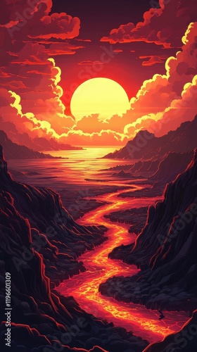 Lava River Flows Through Volcanic Landscape At Sunset