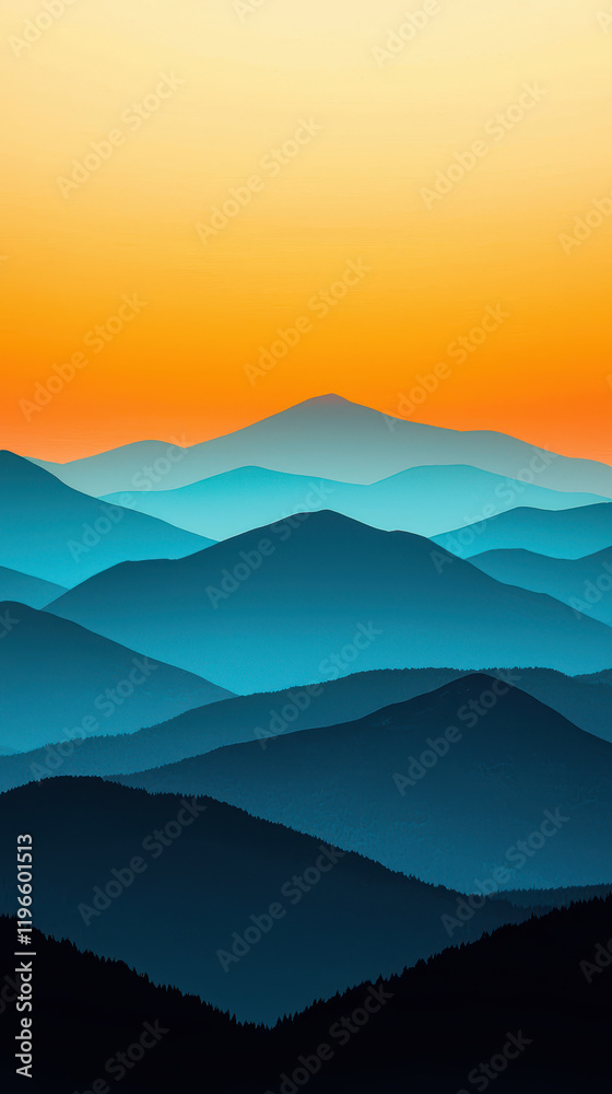 Obraz premium Peaceful sunset over layered mountain silhouettes with blue hues