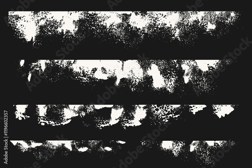 Black and White Grunge Borders Set. Urban Texture with Grainy Spray Effect. White Fragmented Grungy Texture. Grungy Top Border