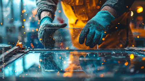 A close-up of a technician's hands carefully placing a glass pane onto a window frame, surrounded by scattered tools and urban construction activity 