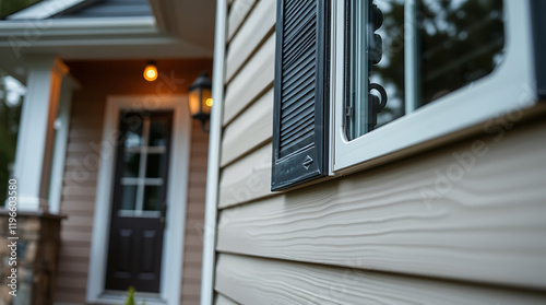 Close-up of a house's exterior, showcasing the window, shutters, and siding. The image highlights the architectural details and the overall aesthetic of the home's exterior design. photo