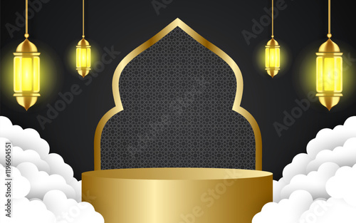 Modern Islamic holiday banner. Show off the podium with Ramadan lanterns.
