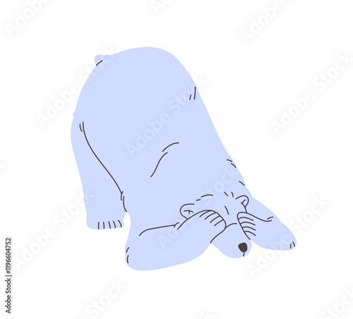 Shy white bear hides his face with paws from shame. Scared polar animal hiding muzzle. Cute arctic character, beast of North Pole, Antarctica is in funny pose. Flat isolated vector illustration