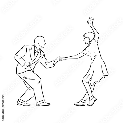 Couple in love dancing and having fun, hand drawn outline illustration. swing dance. vector