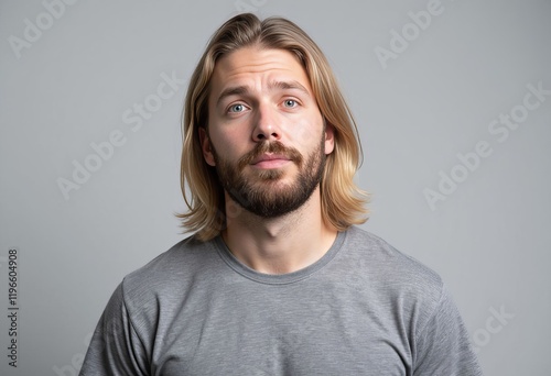 Man with blonde hair and mustache wearing gray shirt photo