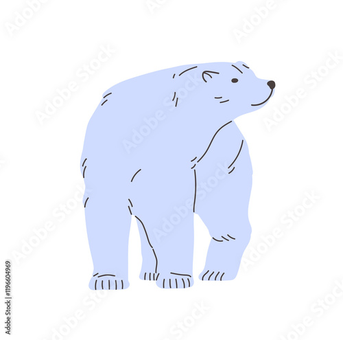 Big white bear smells air with nose on the go. Cute furry polar animal walks. Adorable arctic beast strolls. Amusing inhabitant of North Pole, Antarctica steps. Flat isolated vector illustration
