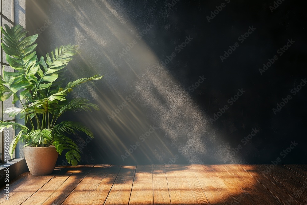 Sunbeams illuminate a dark room with a potted plant and wooden floor. Sunbeams illuminate a dark room with a potted plant and wooden floor.