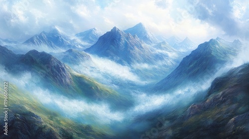Majestic mountains pierce through misty clouds in this serene landscape painting