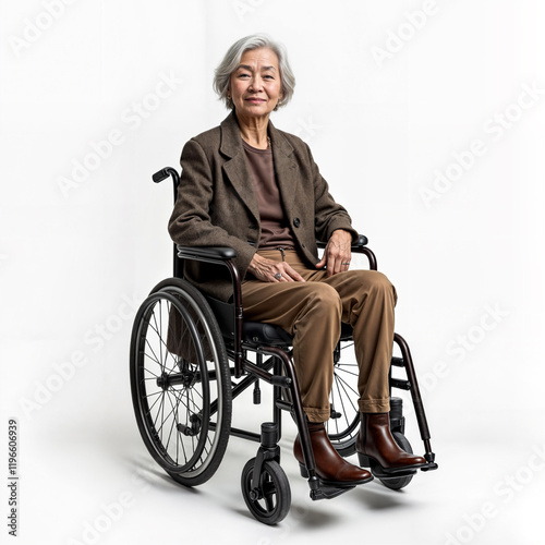  Asian old woman sitting on wheelchair, white backdrop