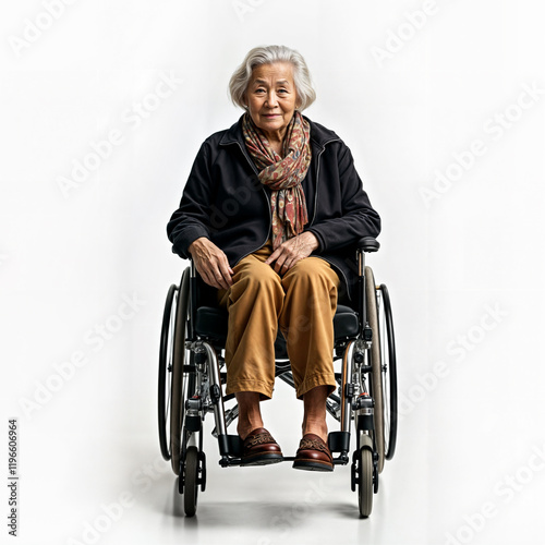 Asian old woman sitting on wheelchair, white backdrop