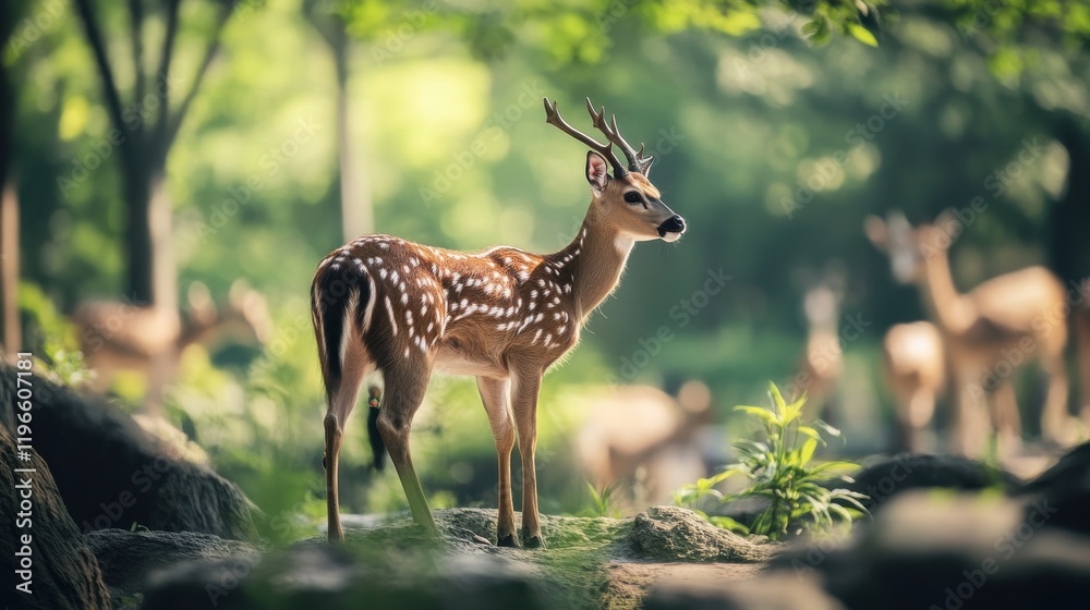 Axis deer standing in a lush forest Axis deer standing in a lush forest