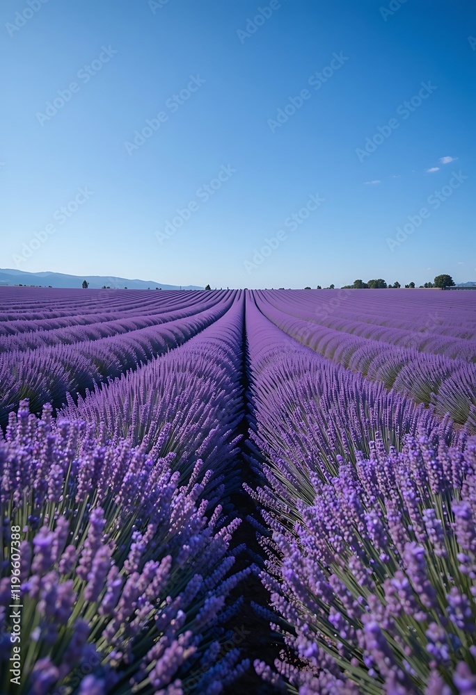 Obraz premium Rows of Lavender Blooming Under a Summer Sky