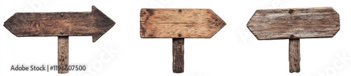 Three rustic wooden arrow signs isolated on white background. (1)