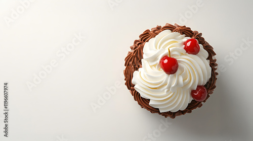 Delicious chocolate cake with whipped cream and cherries kitchen food photography bright lighting top view dessert concept