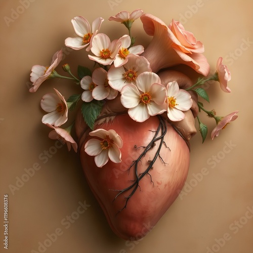 Human heart in flowers. Blooming anatomical human heart.	