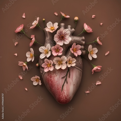 Human heart in flowers. Blooming anatomical human heart.	
