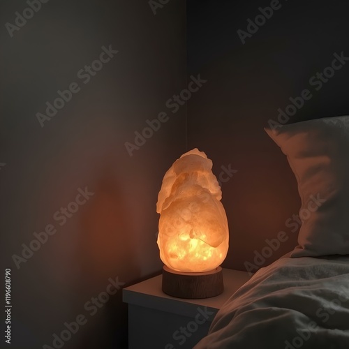 Himalayan salt lamp, houseplant and candles on table indoors	