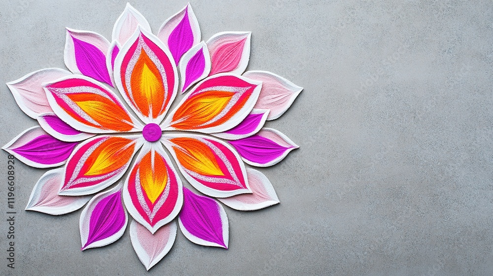 Obraz premium Indian Rangoli pattern made of colored powder with copyspace Soft morning light Courtyard background