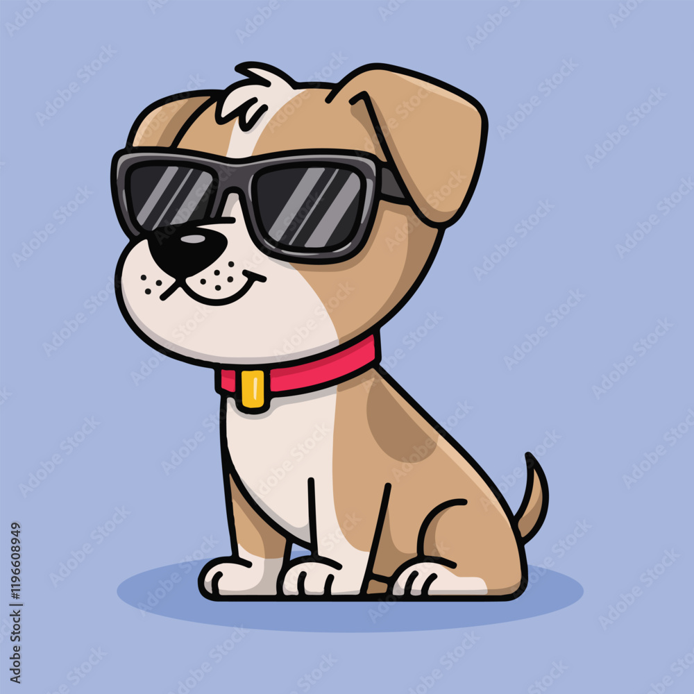 Naklejka premium Cute Dog Wearing Sunglasses and Red Collar