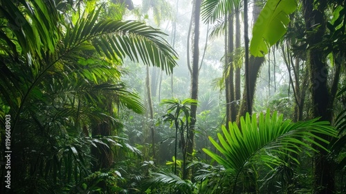 Lush, misty rainforest teeming with vibrant greenery. Sunlight filters through dense foliage. photo