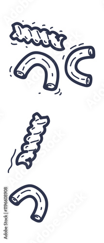 Illustration of pasta shapes like fusilli and macaroni, symbolizing variety in pasta types.
