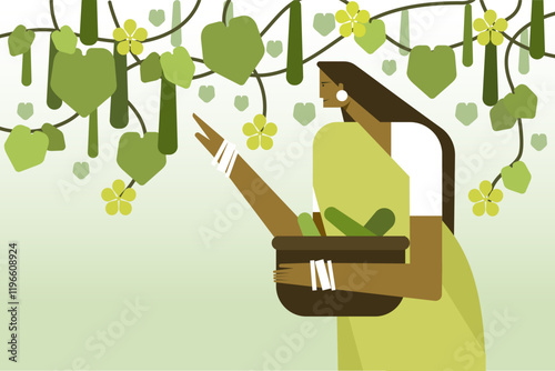 Illustration of a woman harvests bottle gourds from the farm