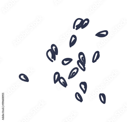 Scattered black seeds on a white background, symbolizing growth and potential.