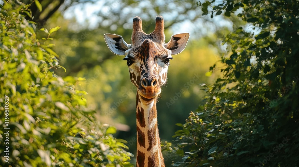 Naklejka premium Gentle giant peering through leaves.