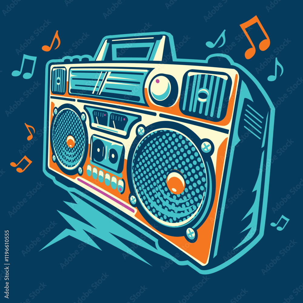 Music design - colorful boom box tape recorder and musical notes